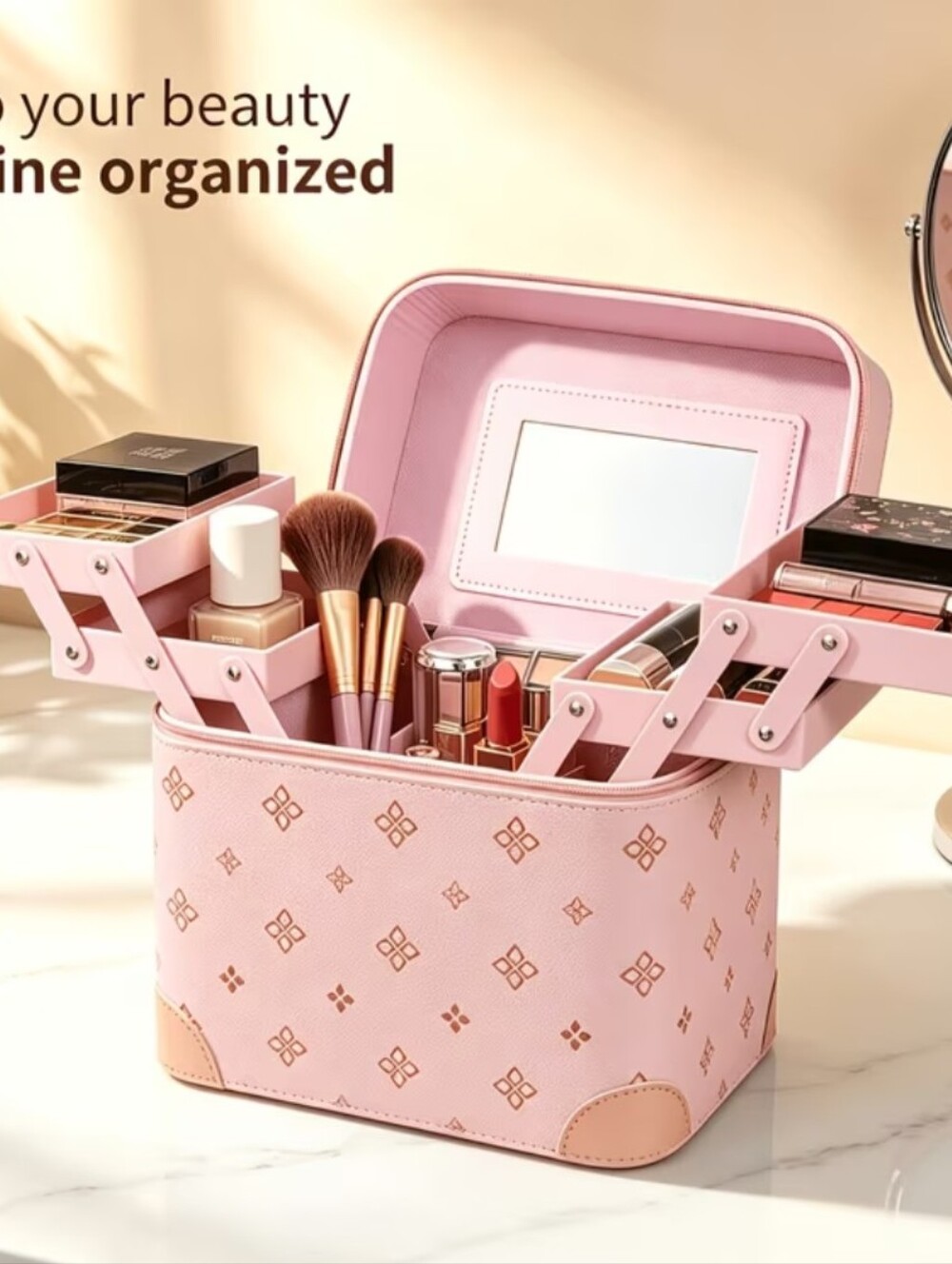 Pink Cosmetic Organizer Case with Mirror - Brand: